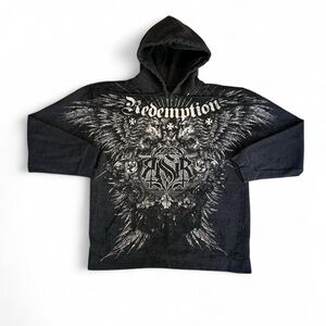 Affliction Style Grunge Black Hoodie with Silver Graphics